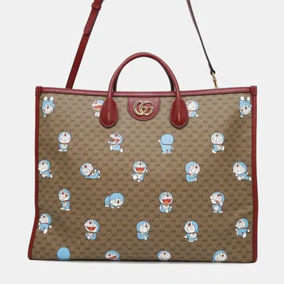 Pre-owned Gucci Doraemon Collaboration Mini Gg Supreme Tote Bag Brown/red Mini Gg Supreme Canvas Leather