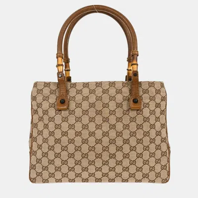 Pre-owned Gucci Brown Beige Bamboo Gg Tote Bag In Sand