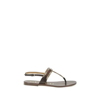 GUCCI BROWN CALF LEATHER BOS TAURUS FLAT SANDALS