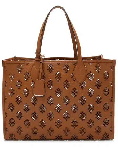 Pre-owned Gucci Brown Calfskin Diamond Cutout Medium Tote (authentic Pre-loved)