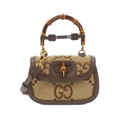 Pre-owned Gucci Brown Camel Canvas Leather Handbag Shoulder Bag ()