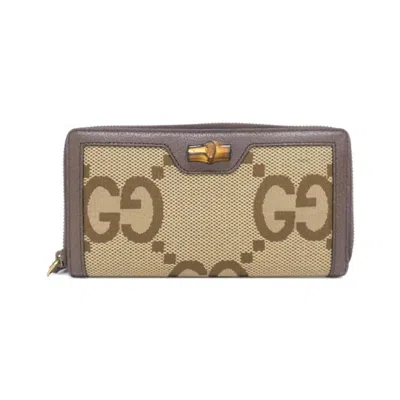 Pre-owned Gucci Brown Camel Gg Canvas Leather Long Wallet (bi-fold) ()