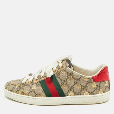 Pre-owned Gucci Brown Canvas And Embossed Python Leather Ace Web Sneakers Size 38