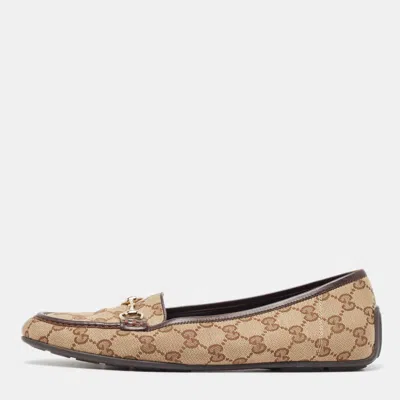 Pre-owned Gucci Brown Canvas And Leather Horsebit Loafers Size 40.5