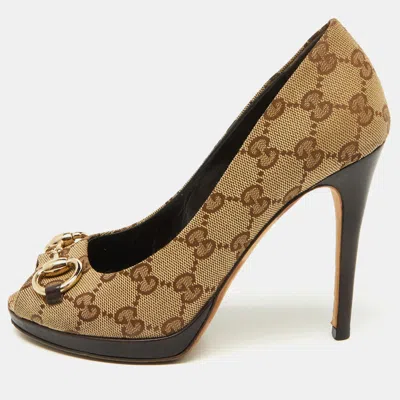 Pre-owned Gucci Brown Canvas And Leather New Hollywood Peep Toe Pumps Size 35.5