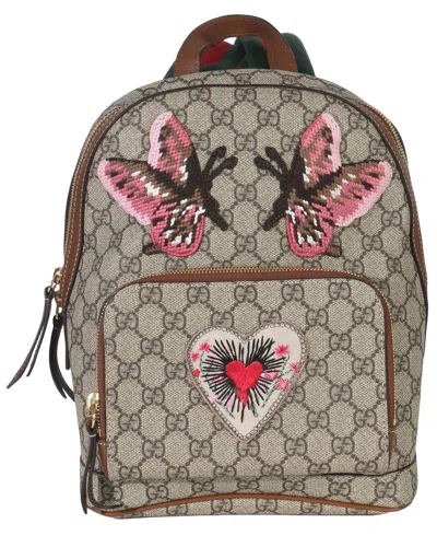 Gucci Brown Canvas Gg Supreme Web Butterfly Embroide Small Day Backpack (authentic Pre-loved) In Neutral