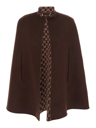 Gucci Brown Cape With Iconic Clamp And Gg All-over Motif Interior In Wool Woman