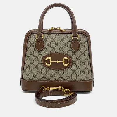 Pre-owned Gucci Brown Coated Canvas And Leather 1955 Horsebit Top Handle Bag Small