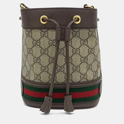 Pre-owned Gucci Brown Coated Canvas And Leather Ophidia Mini Bucket Bag