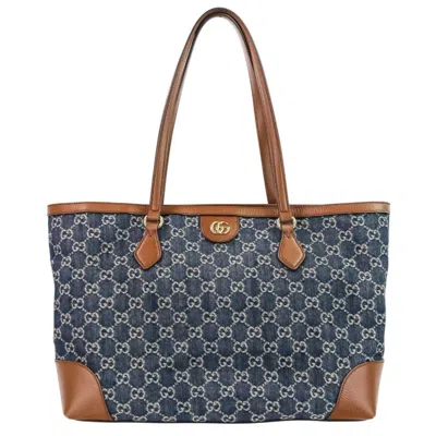 Pre-owned Gucci Brown Dark Blue Denim Leather Tote Bag ()