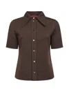 Gucci Women Brown Shirt With Polo Style Pointed Collar In Wool And Cotton Blend Woman In Brown