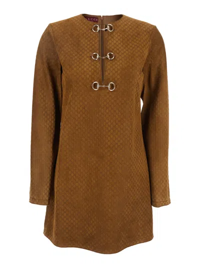 Gucci Brown Dress With Front Horsebit Details And All-over Gg Motif In Suede Woman In Multicolor