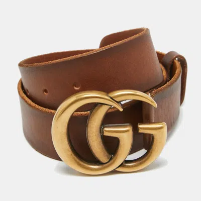 Pre-owned Gucci Brown Faded Leather Double G Buckle Belt 65 Cm