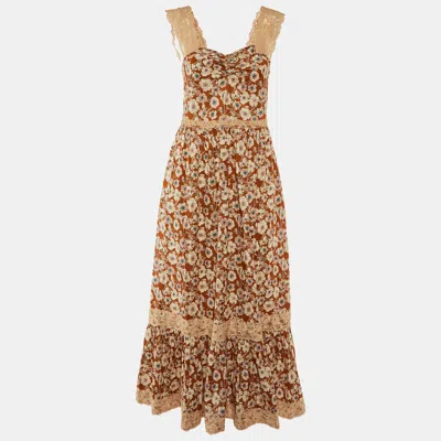 Pre-owned Gucci Brown Floral Print Silk Lace Trimmed Sleeveless Flounce Dress S