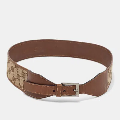 Pre-owned Gucci Brown Gg Canvas And Leather Buckle Wide Waist Belt 80cm