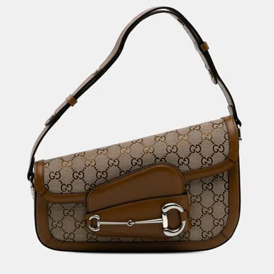 Pre-owned Gucci Brown Gg Canvas Asymmetric Horsebit 1955 Shoulder Bag