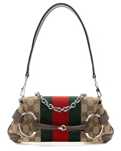 Gucci Brown Gg Canvas Horsebit Web Chain Small Shoulder Bag (authentic Pre-loved)