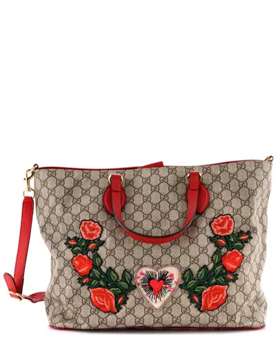 Gucci Brown Gg Coated Canvas Convertible Soft Tote Embroidered Medium  (authentic Pre-loved) In Pattern