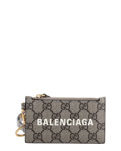 Gucci Brown Gg Coated Canvas X Balenciaga The Hacker Project Zip Card Case  With Strap (authentic Pr In Gray