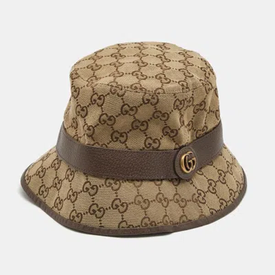 Pre-owned Gucci Brown Gg Cotton Canvas And Leather Bucket Hat M