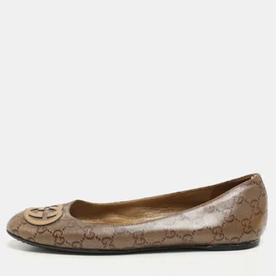Pre-owned Gucci Brown Gg Crystal Coated Canvas Ballet Flats Size 37