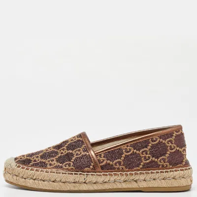 Pre-owned Gucci Brown Gg Glitter Leather Espadrille Flats Size 36