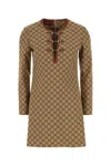 Gucci Beige Crewneck Mini Dress With Horsebit On The Front In Gg Canvas Woman