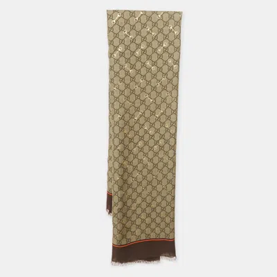 Pre-owned Gucci Brown Gg Horsebit Print Modal Scarf