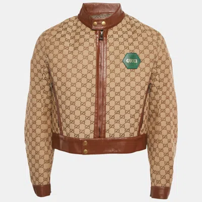 Pre-owned Gucci Brown Gg Jacquard Canvas And Leather Jacket L