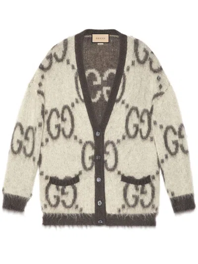 GUCCI BROWN GG-JACQUARD REVERSIBLE CARDIGAN