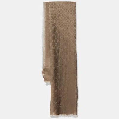 Pre-owned Gucci Brown Gg Jacquard Wool Fringe Scarf
