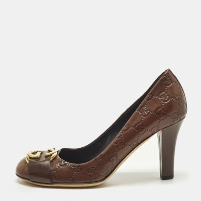 Pre-owned Gucci Brown Gg Leather Interlocking Logo Round Toe Pumps Size 39.5