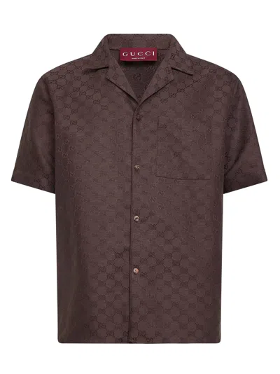 Gucci Brown Gg Linen Blend Bowling Shirt