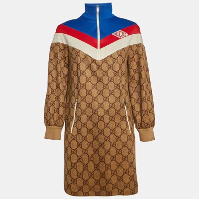 Pre-owned Gucci Brown Gg Monogram Print Jersey Knit Quarter Zip Mini Dress Xs