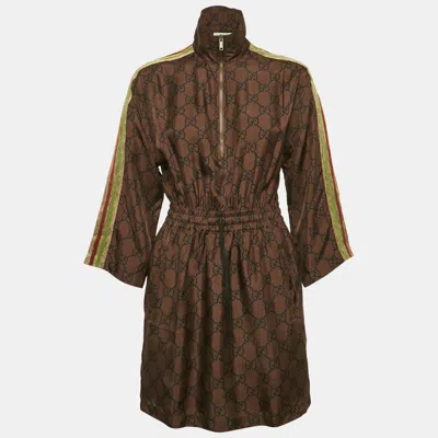 Pre-owned Gucci Brown Gg Monogram Print Silk Contrast Tape Trimmed Mini Dress S