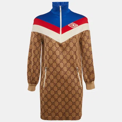 Pre-owned Gucci Brown Gg Monogram Print Technical Jersey Web Detail Mini Dress Xs