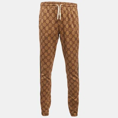 Pre-owned Gucci Brown Gg Print Jersey Contrast Trimmed Jogger Pants L