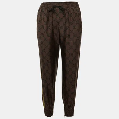 Pre-owned Gucci Brown Gg Print Silk Tape Trim Trackpants S