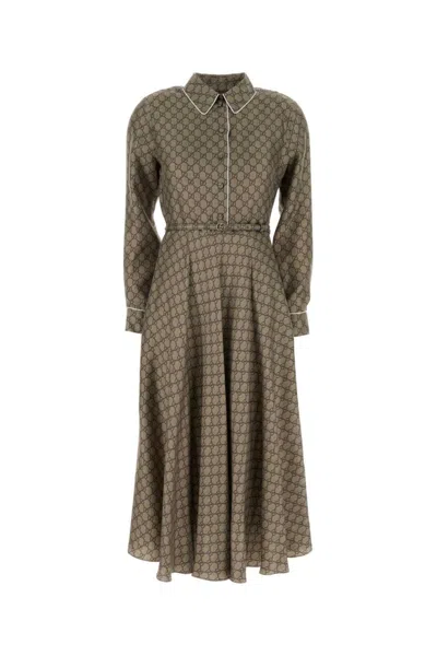 Gucci Gg Supreme-print Silk Midi Dress In Neutrals