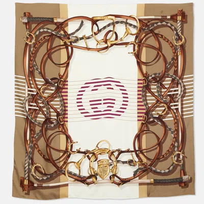 Pre-owned Gucci Brown Gg Stirrup Print Silk Scarf