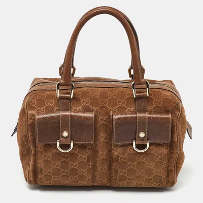 Pre-owned Gucci Brown Gg Suede And Leather Boston Bag