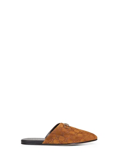 GUCCI BROWN GG SUEDE MULES WITH HORSEBIT