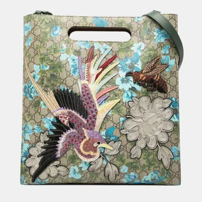 Pre-owned Gucci Brown Gg Supreme Embroidered Linea C Blooms Xl Tote