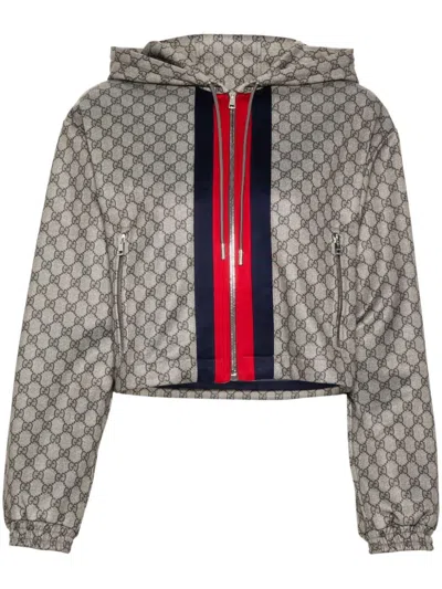 Gucci Womens Beige Ebony Mc Monogram-print Cropped Woven-blend Jacket