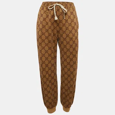 Pre-owned Gucci Brown Gg Supreme Logo Print Jersey Trackpants S