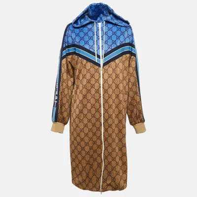 Pre-owned Gucci Brown Gg Supreme Print Jersey Zip-up Pleated Mini Dress S