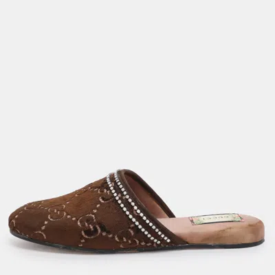 Pre-owned Gucci Brown Gg Velvet Crystal Embellished Mules Size 39