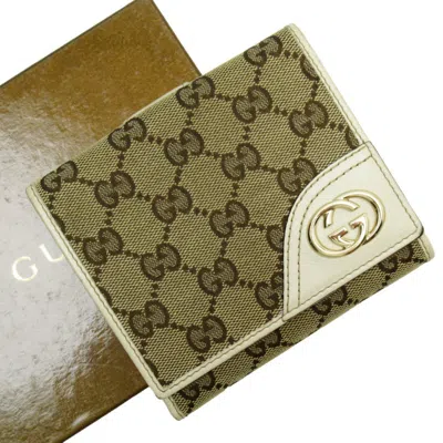 Pre-owned Gucci Brown Ivory Gg Canvas Leather Wallet (bi-fold) () In Brown, Ivory