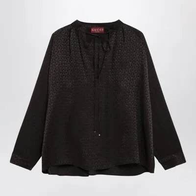 Gucci Brown Jacquard Silk Shirt With Clamps Women In Blue