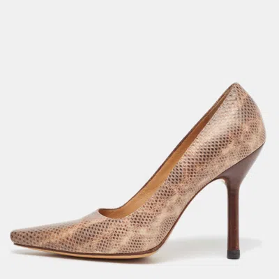 Pre-owned Gucci Brown Karung Leather Square Toe Pumps Size 38